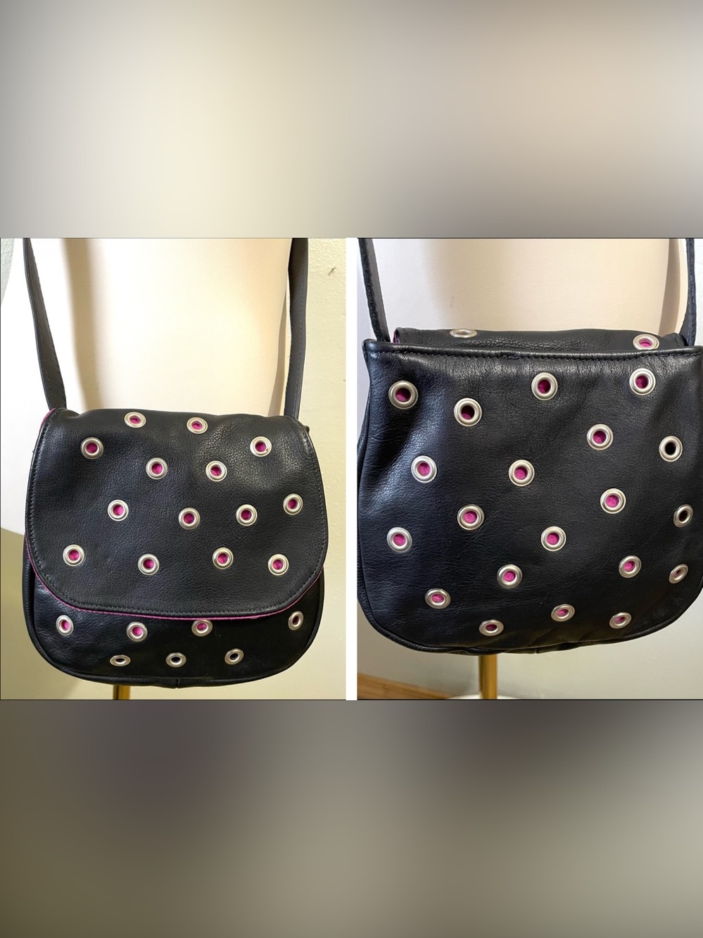 Kellys Leather Works Black Pink Leather Y2K Punk Grommet Crossbody Bag Alt Goth